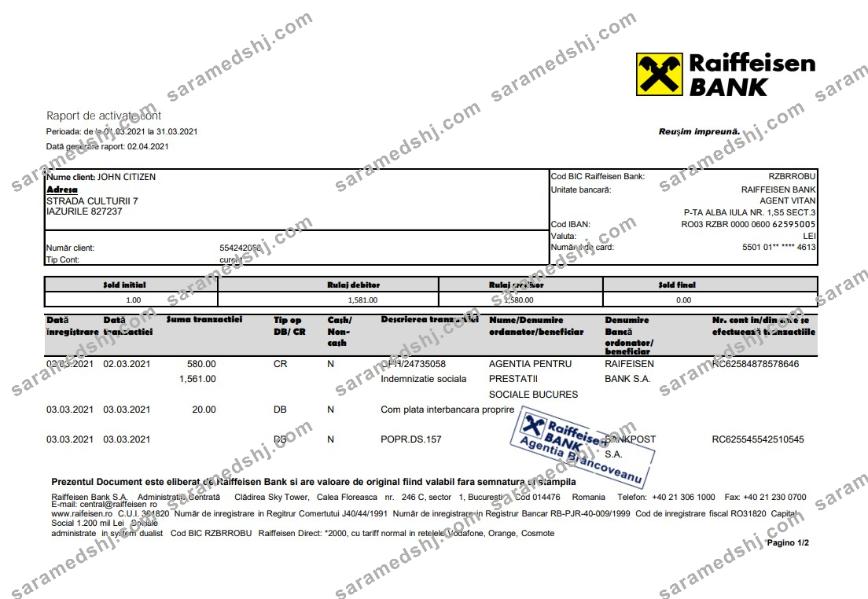 Romania Raiffeisen bank statement template in Excel and PDF format